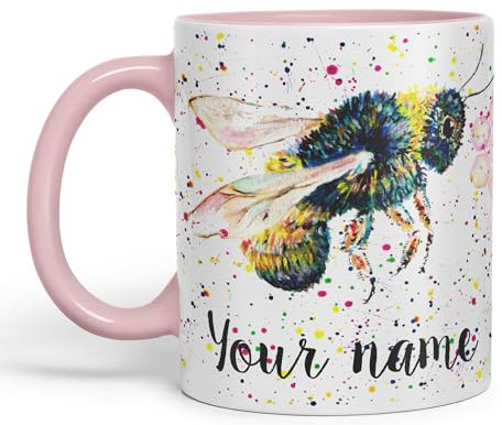 Vixar Personalised Mug with Your Text Name Bees bee Honeycomb Animals Watercolour Art Coloured Ceramic Mug Cup Gift 330ml 11oz Custom Work Office Tea Coffee (Pink)