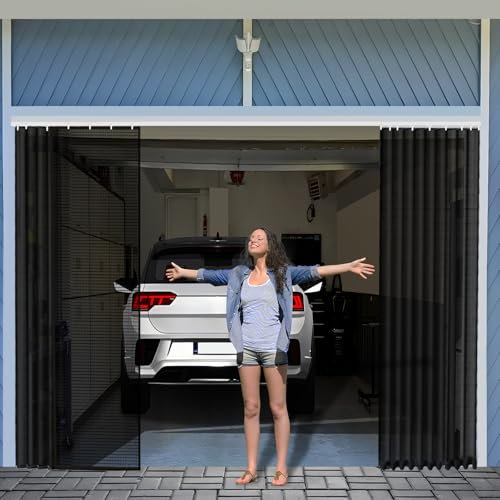Schermo scorrevole per porta del garage, 1 auto con chiusura a binario, 2,3 x 2,7 m, tenda retrattile per la privacy per tenere fuori gli animali fastidiosi, facile da installare, rete in fibra di