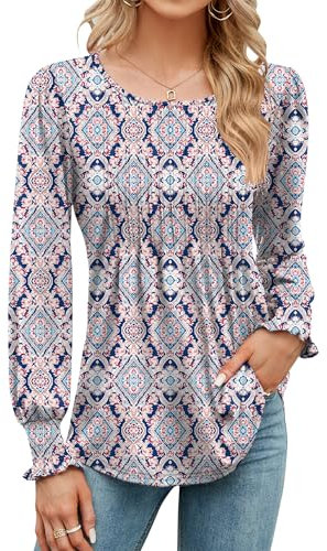 Rapbin Womens Pleated Tunic Tops Long Sleeve Blouses O Neck Top Ladies Tshirts Loose Elegant Spring Autumn Shirts(Navy Blue Ethnic Print,M)