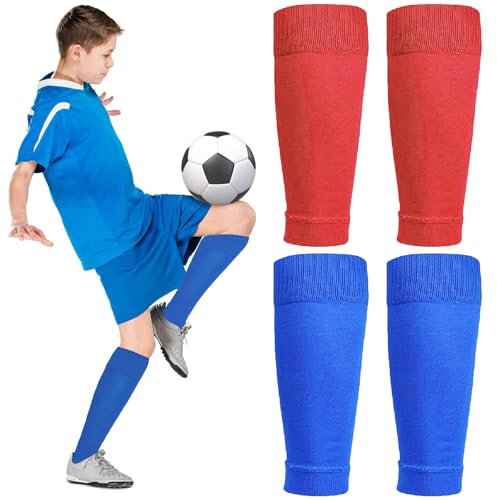 2 Pairs Kids Football Grip Socks - Blue & Red, Pre-Cut Sleeves for Running & Training
