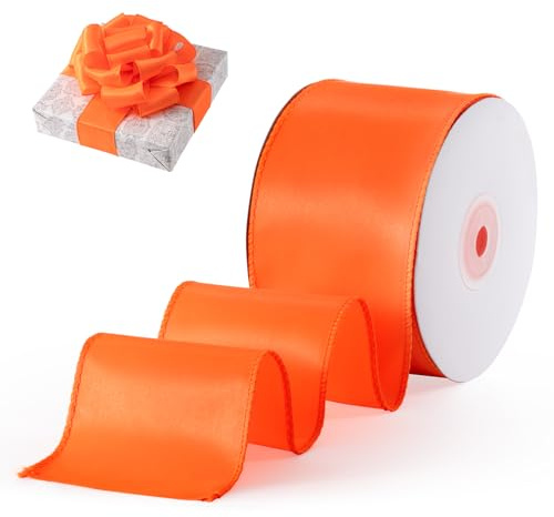 FAKILO Orange Wired Satin Ribbon 63mm x 18m Orange Wired Ribbon for Gift Wrapping Christmas Tree Decor Bows Making Wreath DIY Crafts and Halloween Decor