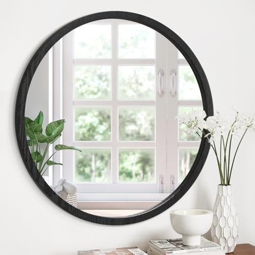 JJUUYOU Circle Wall Mirror 60CM Mounted Wood Frame Retro Round Mirrors for Bathroom Bedroom Living Room Hallway Wall Mounted Makeup Dressing Mirror,Black