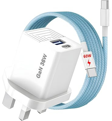 For Nothing Phone 4b 4a 4a Pro 3a Lite Pro 36W GaN Charger Plug and Cable | Dual port power adapter for Nothing 2a Plus 2 1, fits CMF Phone 1 2 Pro, fast charging 60W USB C to C cable, BLUE