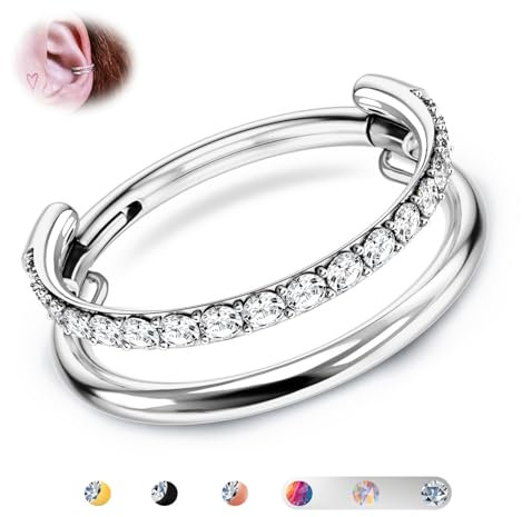 BodyBonita G23 Titan Knorpel Ohrring Gestapelter Clicker 16G CZ Doppelt Septum Piercing Conch Shmuck Tragus Daith Helix Ohrringe Nasenring Creolen für Frauen Männer Silber 12mm