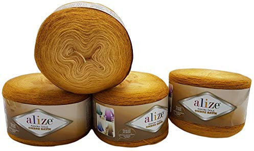 Angora gold Ombre 4 x 150 g Ilkadim Export Strickwolle Farbverlauf, 600 Gramm Strickgarn mit 20% Wolle-Anteil, Farbverlufswolle (ocker 7358)
