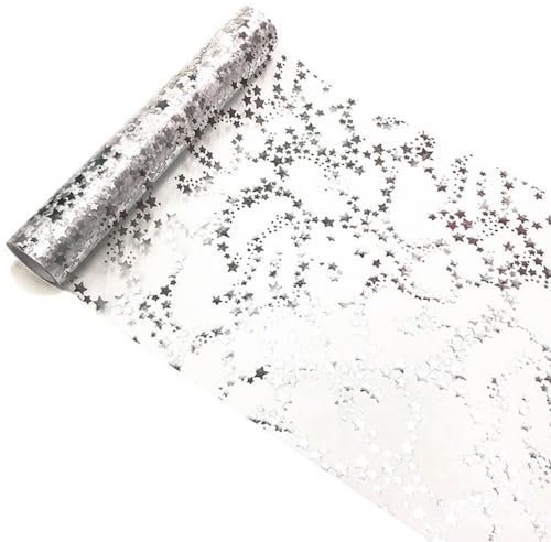 Anevous 28cm x 5 Yards Tischläufer Sterne, Glänzend Tischband Polyester, Tischläufer Tischdeko für Partys Hochzeiten Weihnachten Feierlichkeiten Dekoration,Silber