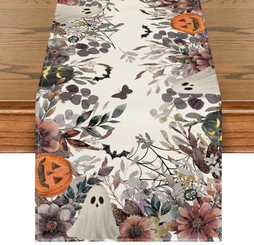 Artoid Mode Blumen Blätter Geister Kürbisse Halloween Tischläufer 40x140 cm | Saisonal Hause Wohnzimmer Tisch Dekoration Drinnen Urlaub Party Dekor