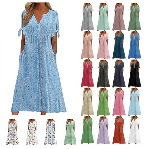 Dresses for Women UK, Holiday Essentials Ladies Summer Boho Dresses Short Sleeve Casual Beach Midi Sundress V Neck Hollow Out Eyelet Ruffle Swing A Line Flowy Vacation Dress