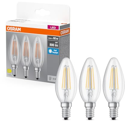Osram LED Base Classic B 60 Filament Kaltweiß 6500 K 5,9 W | LED Base Classic B 60 Filament, LED Lamps, klar, 35 mm dia, 10000 h, 3-Pack