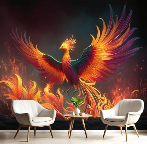 JEDTAKCT Panoramic 3D Flame Phoenix Wallpaper Mural, 150X105Cm Wall Poster Fantasy Animals Photo Wallpaper 3D Effect, Burnt Orange Wallpapers Mural Decoration for Bedroom Living Room Corridor