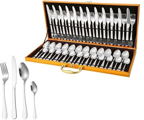 DXZXDJIU 48-teiliges Edelstahl-Besteckset in Holzbox – Besteckset for 12 Personen – Perfekt for Zuhause, Hotel und besondere Anlässe(Silver)