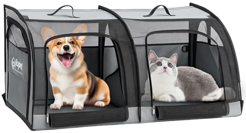 GROWNEER Double Pet Travel Carrier for Cats & Small Dogs – Foldable Twin Compartment Pet Crate with Breathable Mesh, Scratch-Resistant Material, Portable for Car Travel & Vet Visits