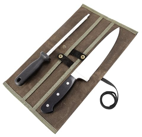 Double Knife Roll for Chefs,Waxed Canvas Vertical Knife Storage Case,Travel Carry-On Roll Bag,Rectangular Protector Sheath Pouch Organizer for Chef Kitchen Cutlery Knives Accessories,Cooking Tool