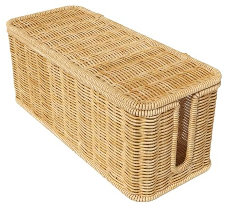 Rattan Cable Management Box With Lid,2 Open Slots C-able Tidy Box R-attan Ca-ble Hider Organizer Wicker Handwoven With Holder For Floor TV Interior Cabinet Shelf Exterior Table Outlet Power Strips