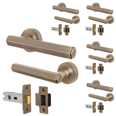 EAI Antique Brass Door Handles with Latches, 5 Pack - Madre | Complete Latch Kit with 5 Pairs of Door Handles, 64mm Latches, Fixings Included