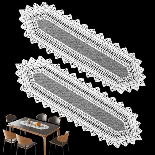 Paquete de 2 caminos de mesa de encaje blanco de 114 x 34,5 cm, tapetes rectangulares de ganchillo de hojas vintage para boda, comedor, tocador, decoración bohemia del hogar, decoración de fiesta