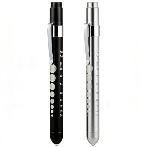 2 Pcs Pen Torch,Diagnostic Medical Penlight,Light LED Pupil Gauge Pen Torches,Mini Reusable LED Penlight Flashlight Pen Torch,Torch Doctor Nurse EMT Emergency Pen Light for Nurse Doctor (Black+Silver)