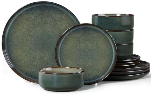 Joyfair Juego de vajilla para 4 personas, 12 piezas, de gres, esmalte reactivo, juego con plato llano, platos de postre, cuencos para cereales, microondas y lavavajillas, hierba marina verde oscuro