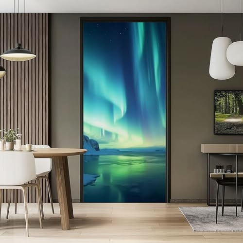 Tür Tapeten 3D Selbstklebend Natur Nordlichter Eisfeld Blau Türposter Türaufkleber Wasserdicht Abnehmbare Türfolie Fototapete DIY Wandbild Wohnzimmer Badezimmer, PVC Material, 88 x 200 cm