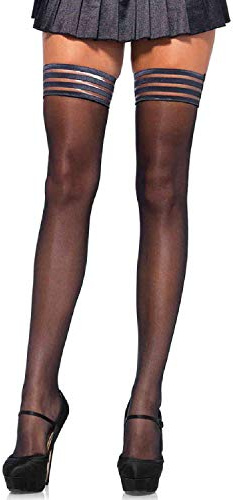 Leg Avenue Women's Stay-Up Striped Top Sheer Thigh Highs, Black, One Size
