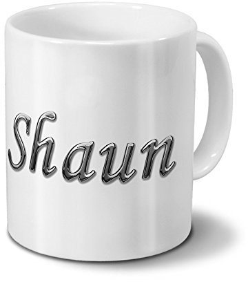 printplanet Tasse mit Namen Shaun - Motiv Chrom-Schriftzug - Namenstasse, Kaffeebecher, Mug, Becher, Kaffeetasse - Farbe Weiß