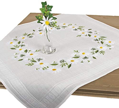 Stickpackung Margeritenblüten, Tischdecken Set vorgezeichnet zum Sticken, Blumen Stickset mit Plattstich und Stielstich zum Selbersticken
