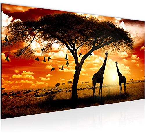 Runa Art Wandbild Afrika Sonnenuntergang 1 Teilig 100 x 40 cm Modern Bild auf Vlies Leinwand Giraffe Savanne Wohnzimmer Schlafzimmer Orange 001512b