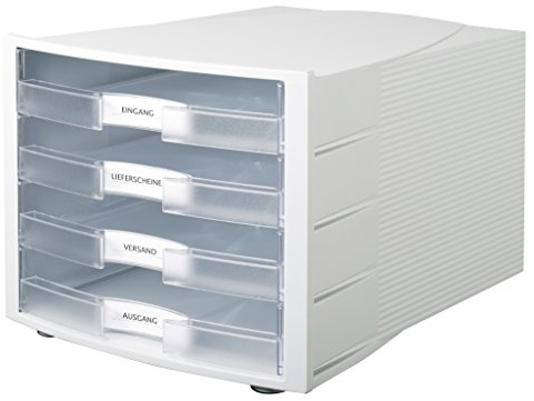 HAN Schreibtisch-Schubladenbox IMPULS – Stapelbare Sortierablage mit 4 großen Schubladen für DIN A4/C4 inkl. Beschriftungsschilder – 29,4 x 36,8 x 23,5 cm (BxTxH) – Transluzent-klar/Lichtgrau