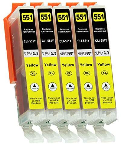 Supply Guy 5 Druckerpatronen mit Chip kompatibel mit Canon CLI-551 Gelb für IP7250 IP8750 IX6850 MG5450 MG5550 MG5650 MG5655 MG6350 MG6450 MG6650 MG7150 MG7550 MX725 MX925