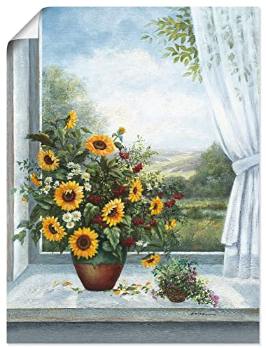 ARTLAND Wanddeko Poster & Kunstdrucke Wandposter 45x60 cm Stillleben Arrangements Botanik Malerei Blau Sonnenblumen am Fenster A6DL