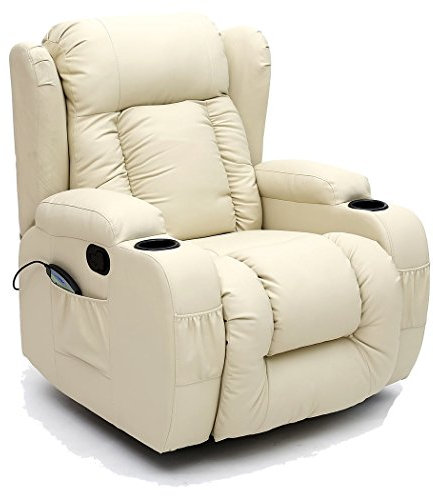 More4Homes CAESAR 10 IN 1 WINGED RECLINER CHAIR ROCKING MASSAGE SWIVEL HEATED GAMING BONDED LEATHER ARMCHAIR (Cream)