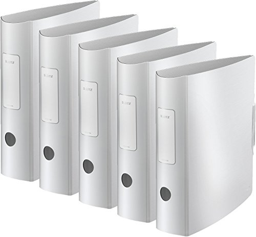 5 Stück Leitz 11080028 Multifunktions-Ordner (A4, Runder Rücken 8,2 cm Breite, Gummibandverschluss, Gebürstete Alu-Optik, Kunststoff, Ergonomische Form, Active Style) weiß