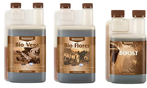 Florateck Canna Bio-Pflanzendünger, für Innen- und Außenbereich Bio Flores 1Liter, Bio Vega 1 Liter Bio Boost 250ml