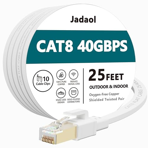 Jadaol Cat8 Ethernet Cable 25ft 40Gbps 2000MHz Flat S/FTP LAN Cable White