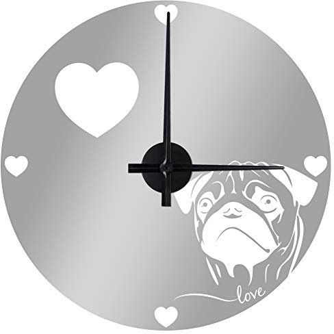 WANDKINGS Mops Wanduhr Wandtattoo (Farbe: Uhr=Schwarz, Aufkleber=Silber)