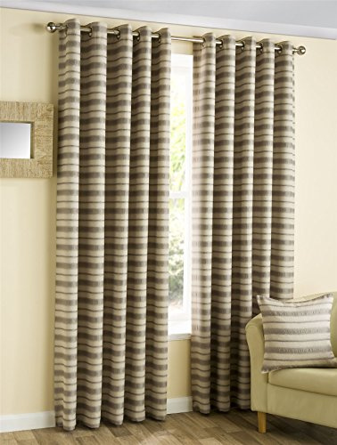 HOMESCAPES Striped Silver Grey, Cream, Pewter Eyelet Ring Top Lined Curtain Pair - 66 x 90 Inch