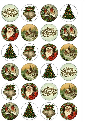 24 Precut Traditional Vintage Style Christmas Edible Wafer Paper Cupcake Toppers Decorations