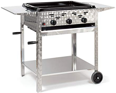 Gasbräter 11kW 3-flammiger Edelstahl-Brenner fahrbar mit emaillierter Stahlpfanne und Abstellplatten Gasgrill Gastrobräter Profigrill Verein