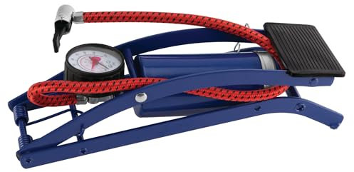 Performance Tool W1638DB Fußpumpe für Fahrradreifen und Sportgeräte mit Luftdruckmessgerät, geflochtenem Schlauch und Nadelventil mit Adaptern, 100 P.S.I Kapazität, Blau