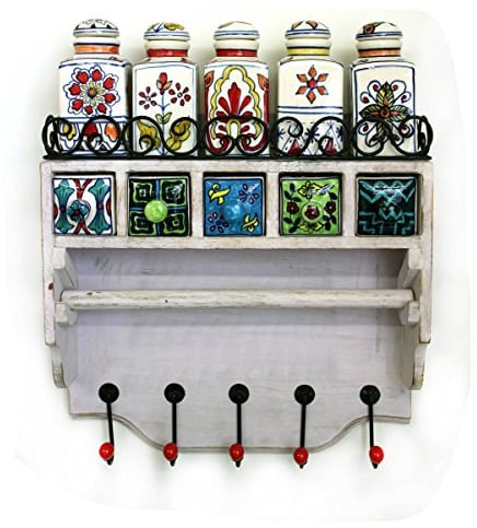 Gall&Zick Küchendeko, Hängeschrank, handbemalte Keramikschübe, Gewürzfläschchen, Wandhaken, Apothekerschrank, Küchenrolle