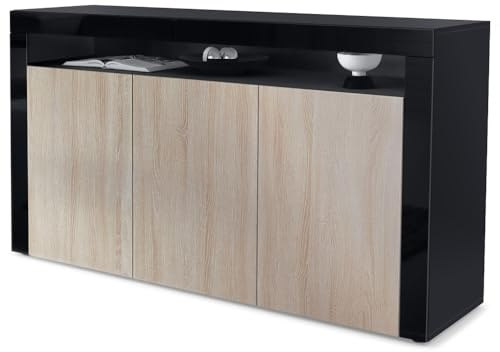Vladon Sideboard Valencia, Kommode mit 3 Türen und 1 offenem Fach, Schwarz matt/Eiche sägerau/Schwarz Hochglanz (155 x 92 x 40 cm)