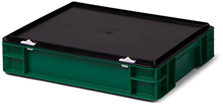 1a-TopStore Euro-Transport-Stapelbox/Lagerbehälter, grün, mit schwarzem Verschlußdeckel, 400x300x86 mm (LxBxH), Wände u. Boden geschlossen, aus PPN