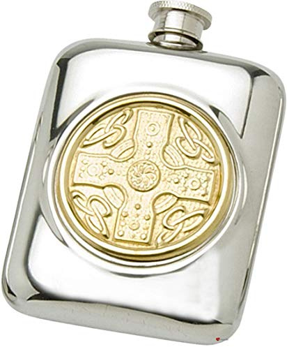 Pewter Pocket Flask Brass Celtic Disc Design Engravable Personal Gift Screw Top