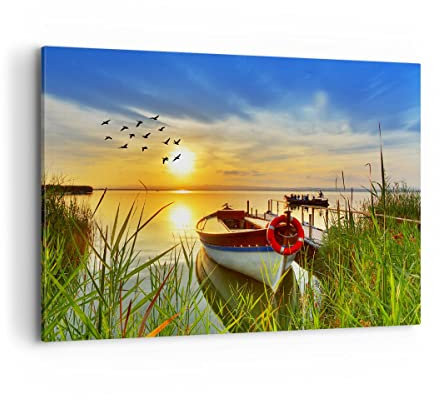 Wandbilder Dekoration Wohnzimmer Boot See Sonnenuntergang Sommer Menschen Bilder auf Leinwand 120x80cm Leinwandbild Schlafzimmer Deko Wand Kunstdruck Art Groß XXL Wanddeko Bild Canvas AA120x80-3053