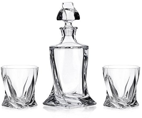 SOLAVIA Clear Crystal Quadro Glass Decanter Set 850ml Decanter & 2 x 340ml Glasses Bohemia Curve Range Ideal Set for Gifting