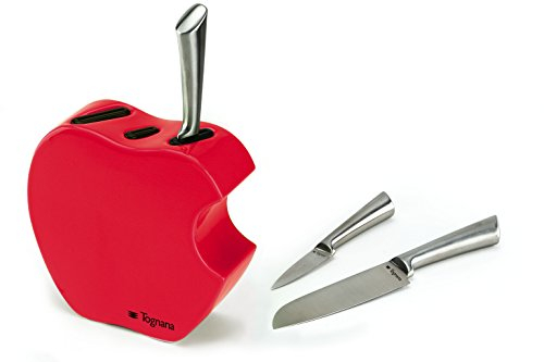 3tlg. Messerblock aus Keramik, im Look eines roten, angebissenen Apfels, bestückt mit je einem Kochmesser, Allzweckmesser und Gemüsemesser von TOGNANA