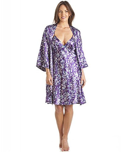 Camille Womens Luxury Satin Dressing Gown Purple Kimono Style Silver Floral Print Chemise and Wrap Set 10-12