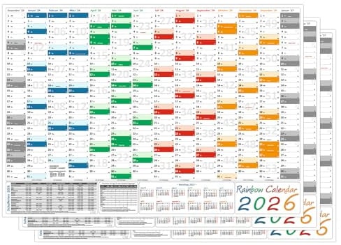 3 Stück Rainbow Wandkalender Wandplaner 2026 gefaltet DIN A2 Format (420 x 594 mm) mit 14 Monaten