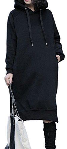 NUTEXROL Womens Thickening Long Fleece Sweatshirt String Hoodie Dress Pullover Plus Size, Large, Black