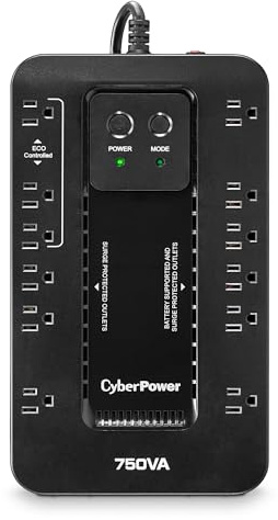 CyberPower EC750GTAA Ecologic Battery Backup & Surge Protector UPS System, 750VA/450W, 12 Outlets, ECO Mode, Compact Uninterruptible Power Supply, TAA Certified